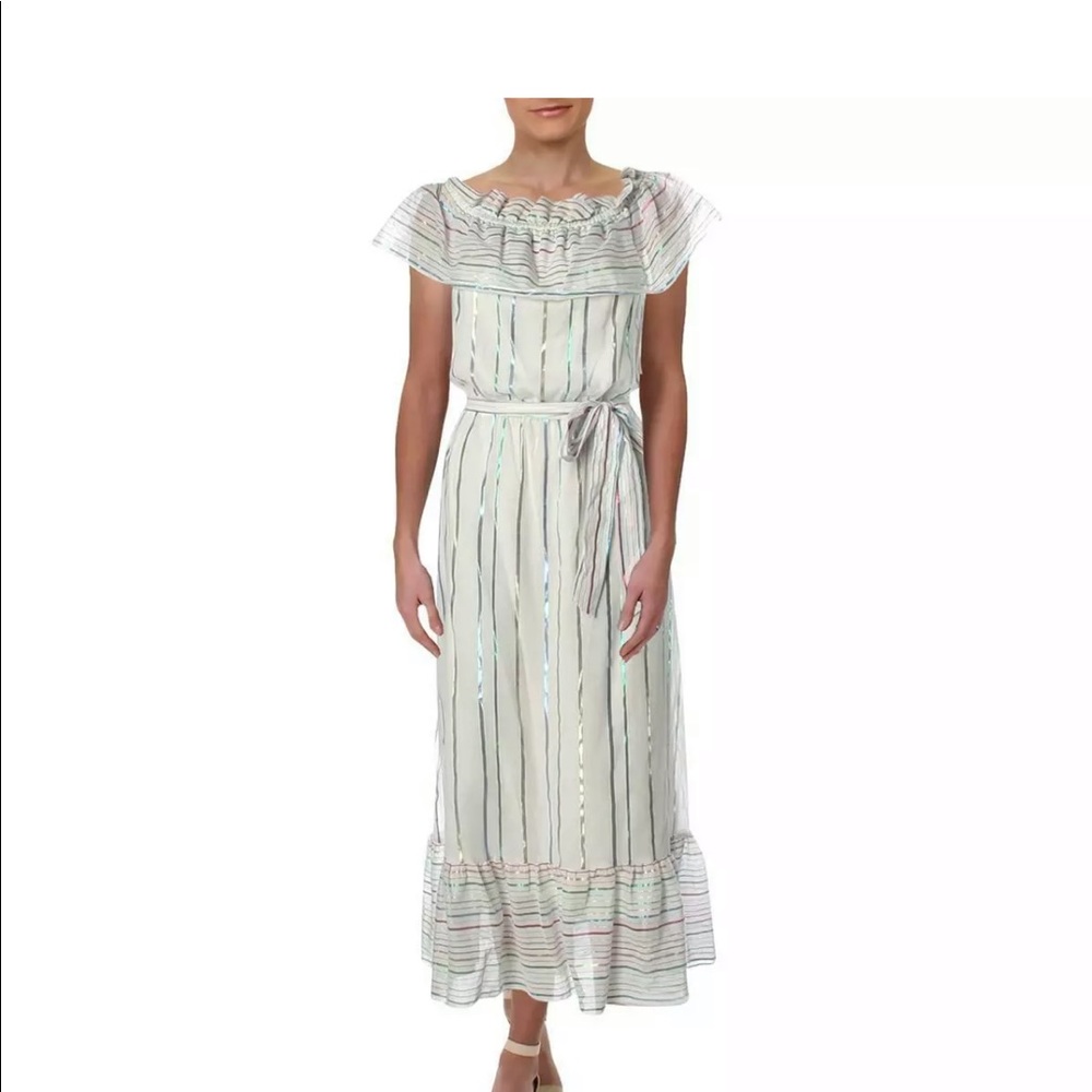 Aqua Off Shoulder Ruffle Metallic Stripe Dress